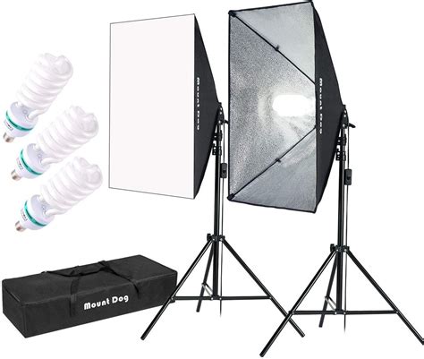 This kit includes three softboxes with adjustable stands, three color filters, a wireless trigger and a durable bag. . Mountdog softbox lighting kit